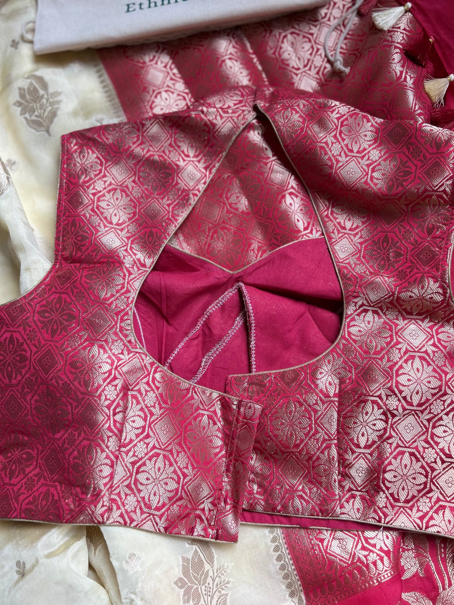 Organza Chiffon Saree in creme with Pink Border