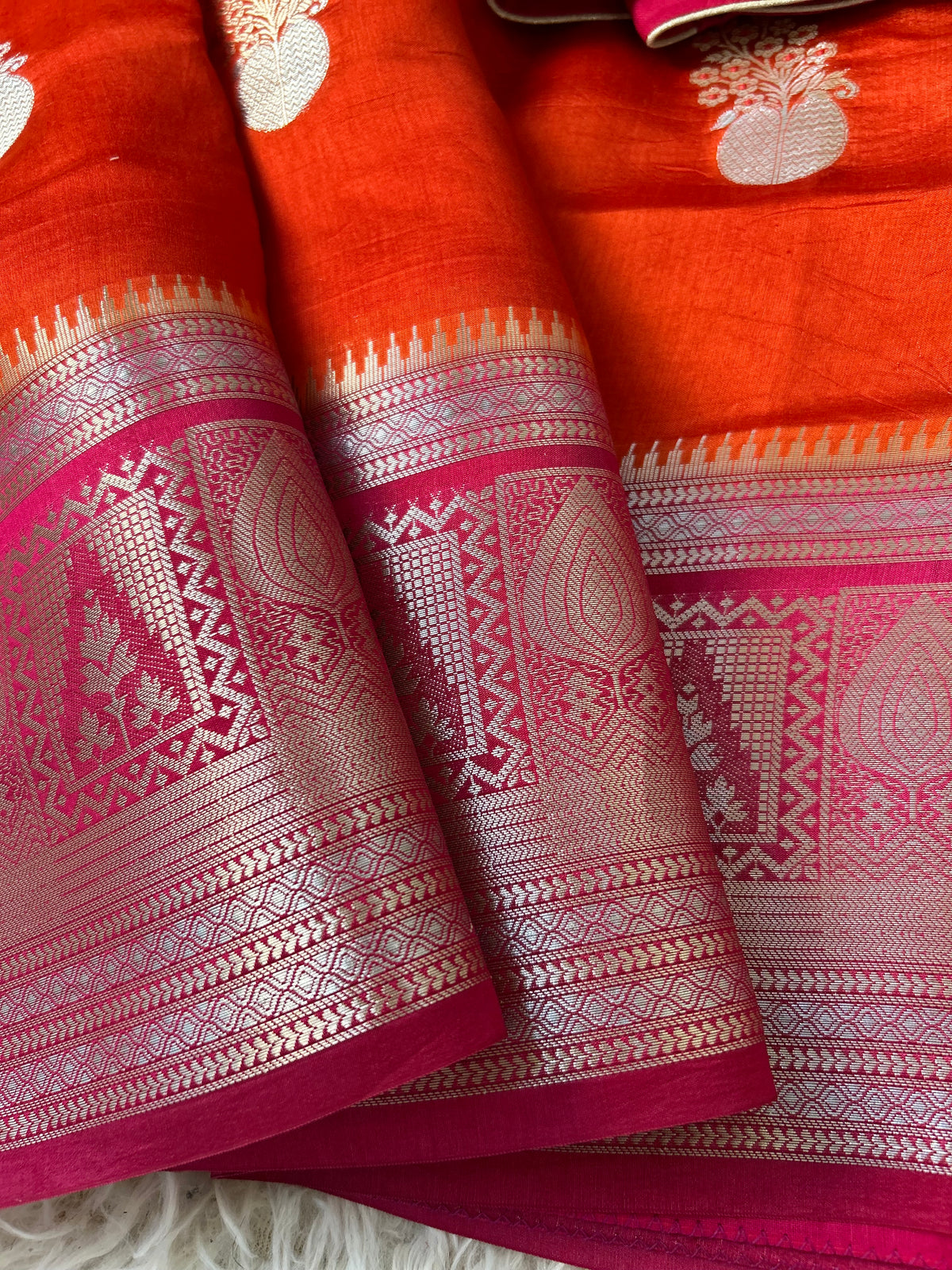 Mango Silk Saree in Orange Color with Pink border