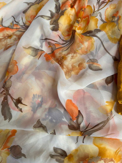 Creme color Floral saree with yellow floral print