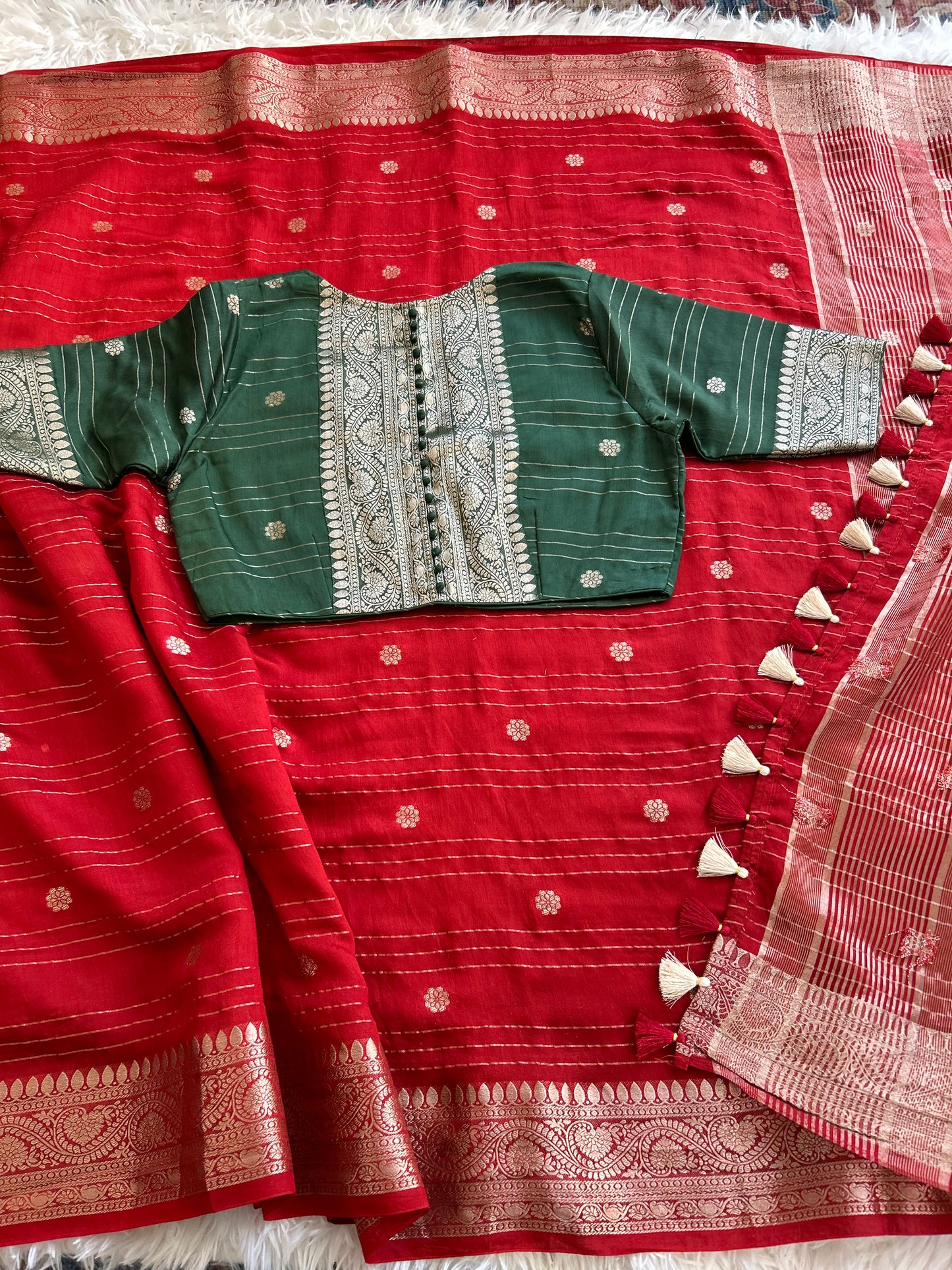 Chiffon Saree in Red with Green Blouse