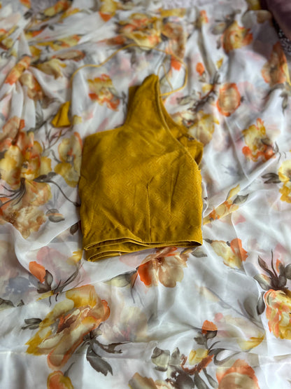 Creme color Floral saree with yellow floral print