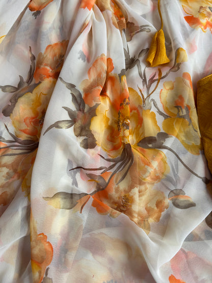 Creme color Floral saree with yellow floral print