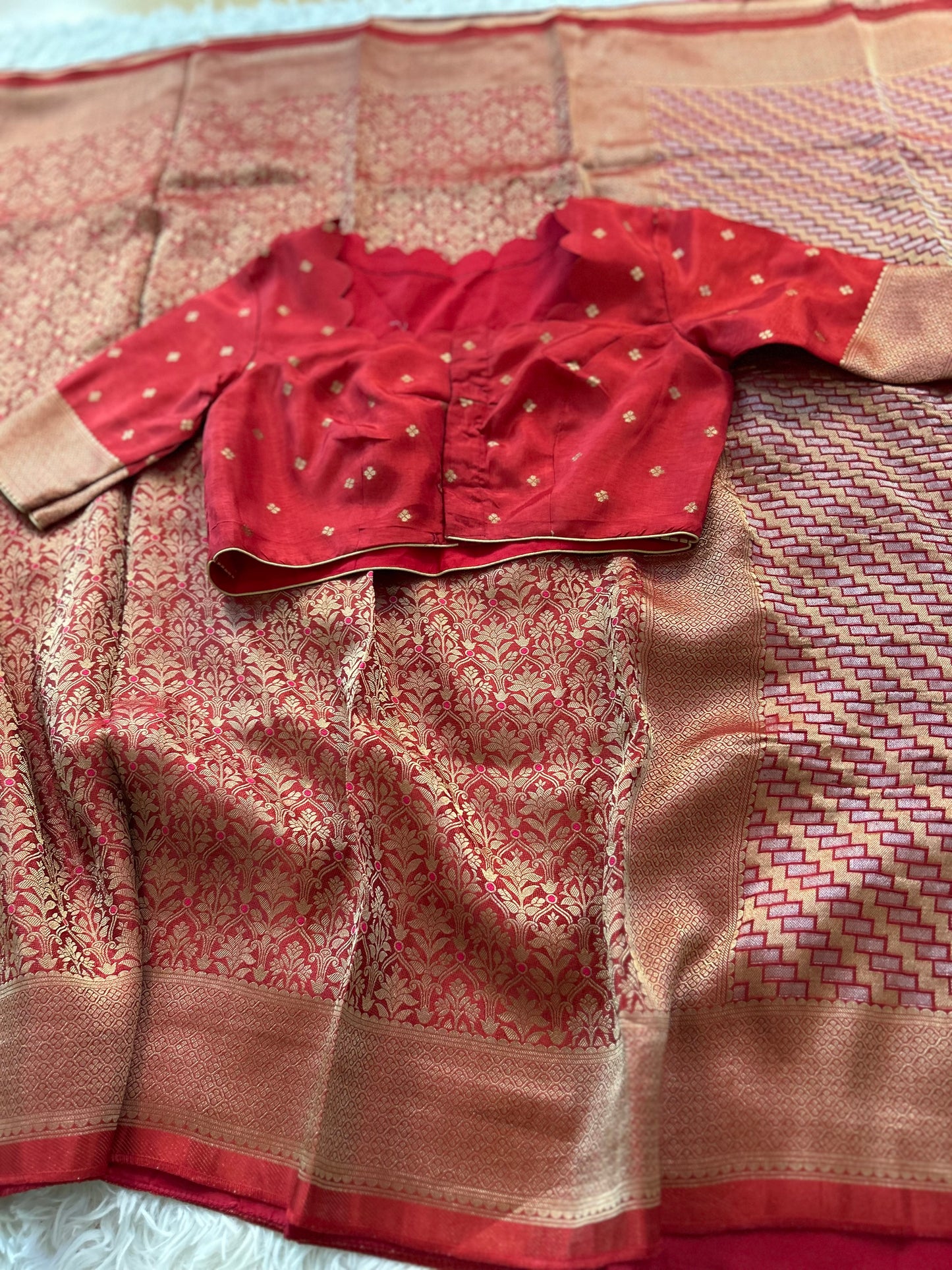 Pure Crepe Brocade Saree in Brick Red