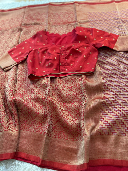 Pure Crepe Brocade Saree in Brick Red