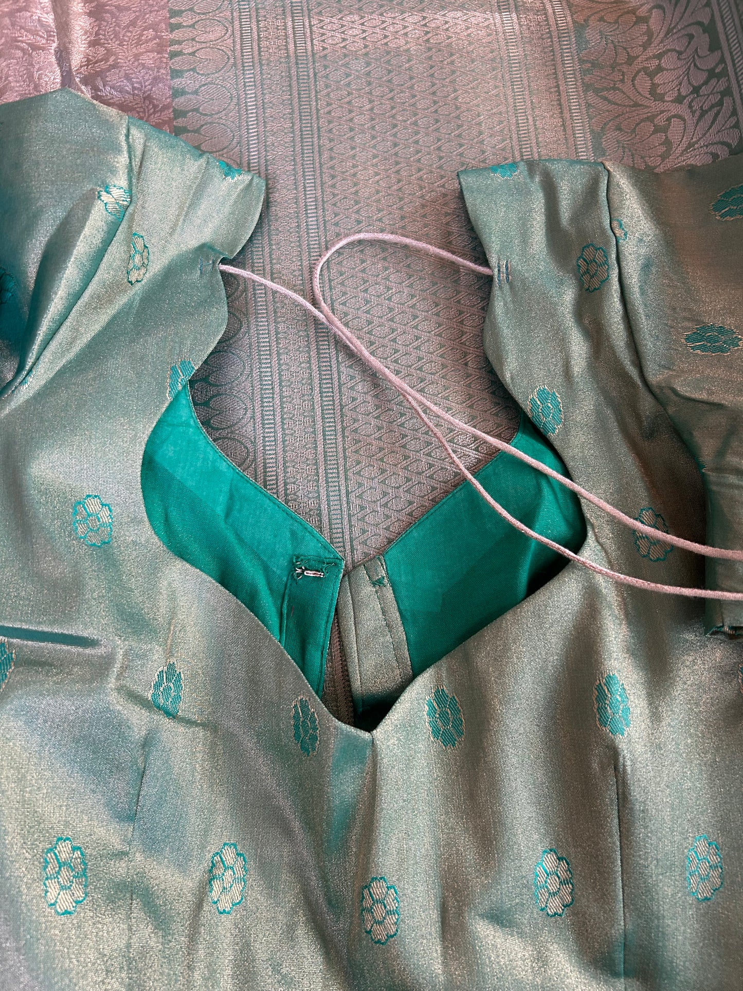 Designer Tissue Banarasi Saree in Silver with Seagreen Border