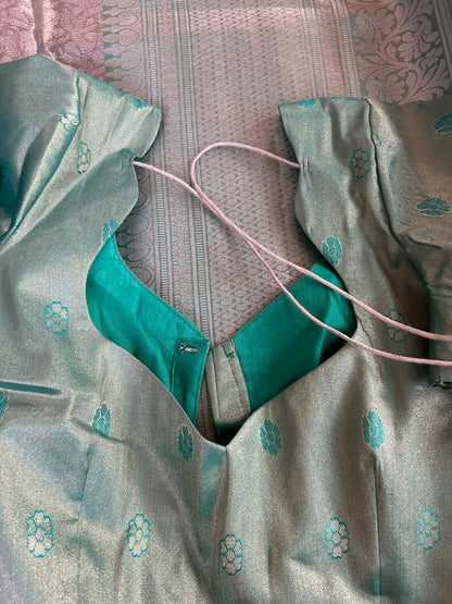 Designer Tissue Banarasi Saree in Silver with Seagreen Border