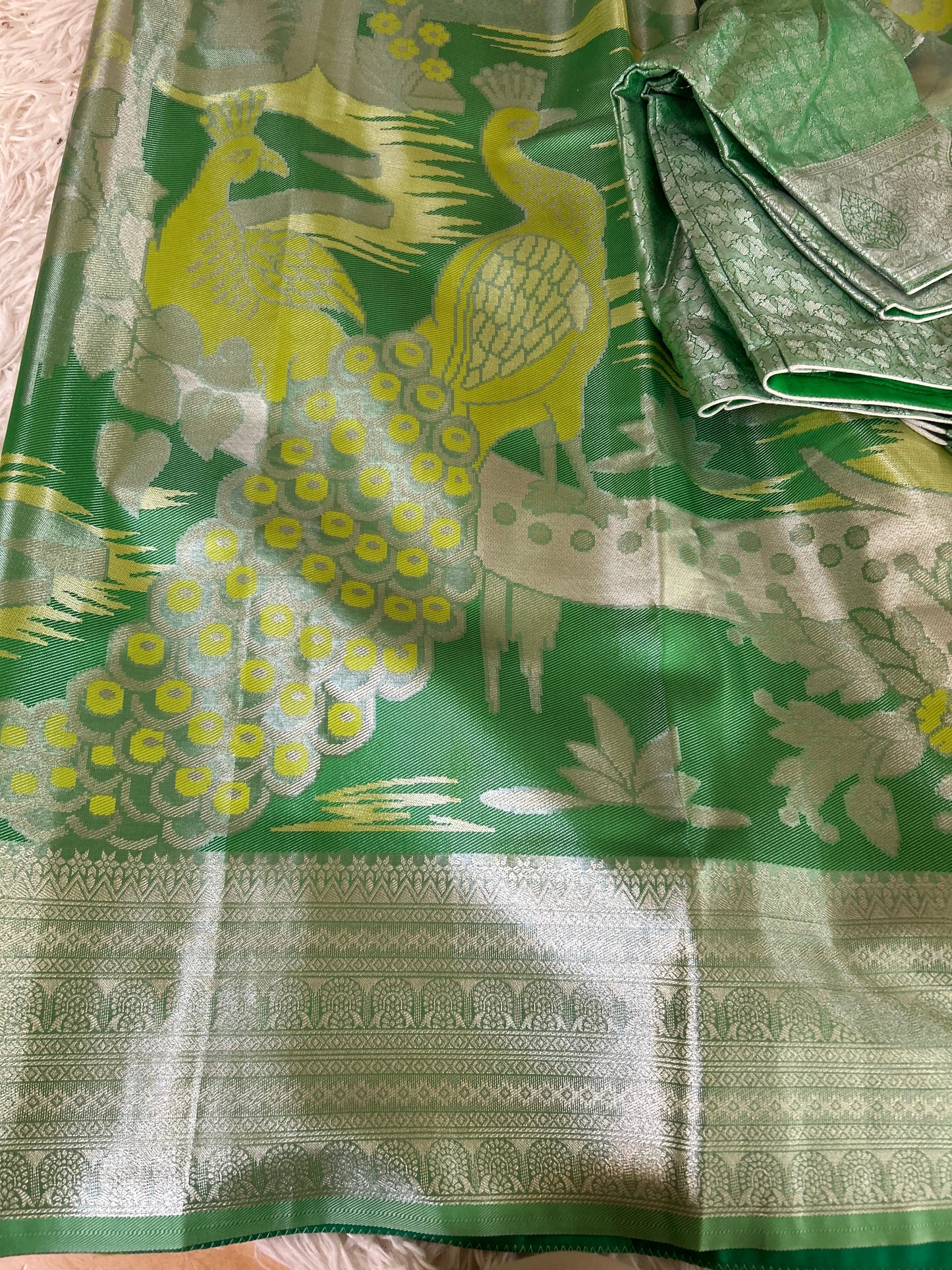 Designer Tissue Banarasi Saree with peacocks in Green