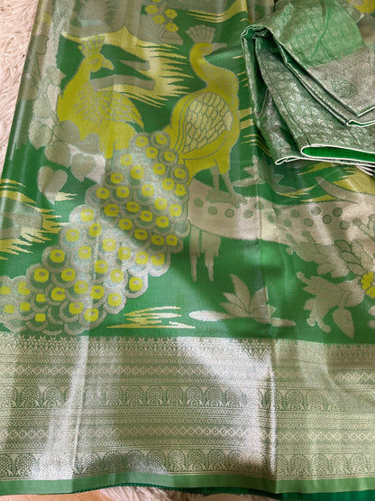 Designer Tissue Banarasi Saree with peacocks in Green