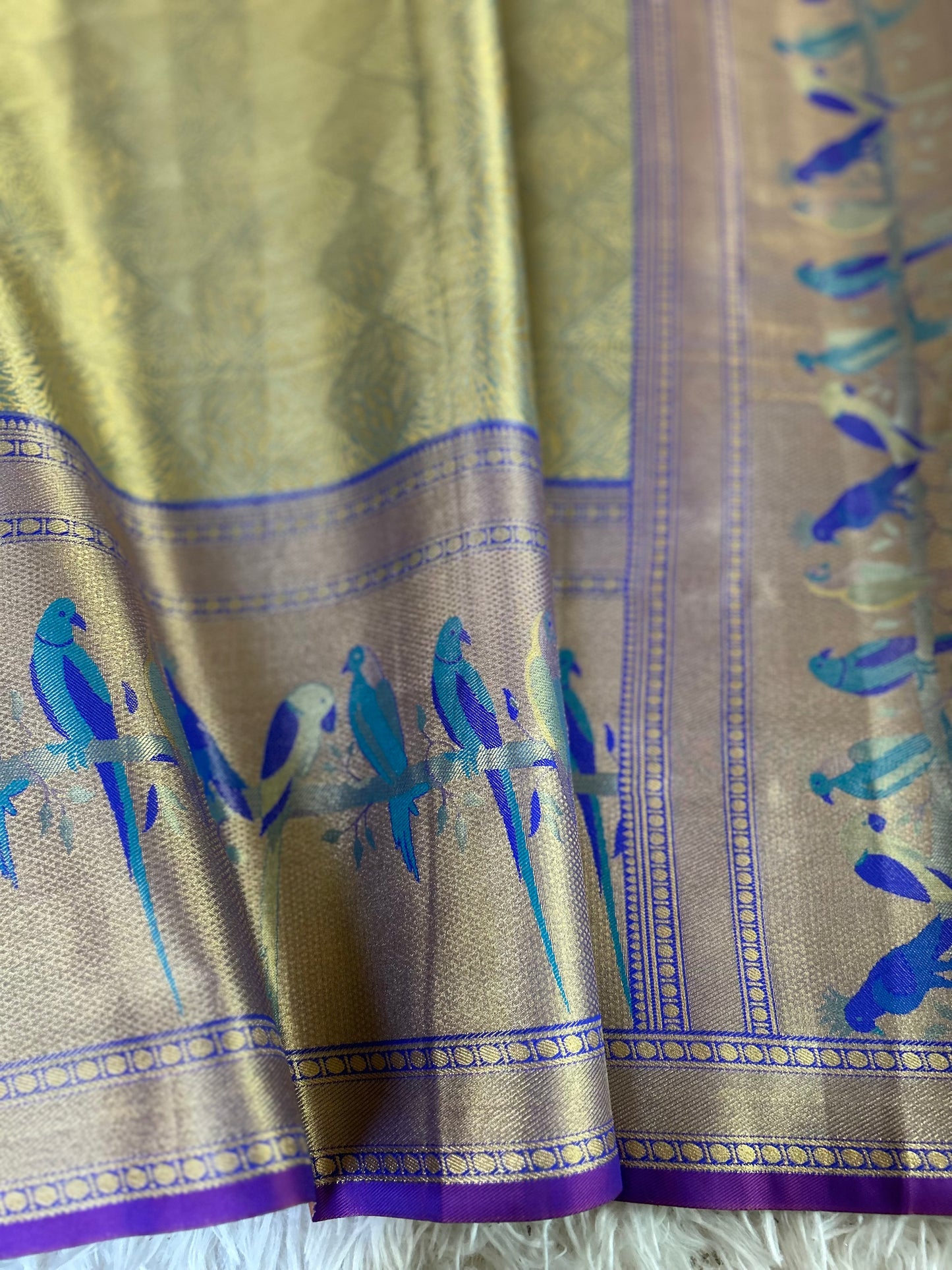 Designer Tissue Banarasi Saree in Green with Violet Border