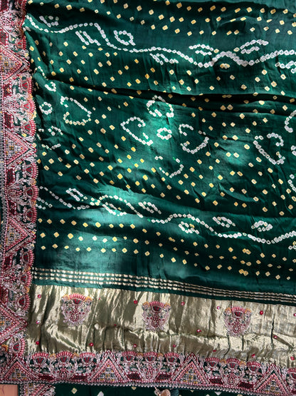 Dark Green Modal silk Bandhini saree with embroidered Border