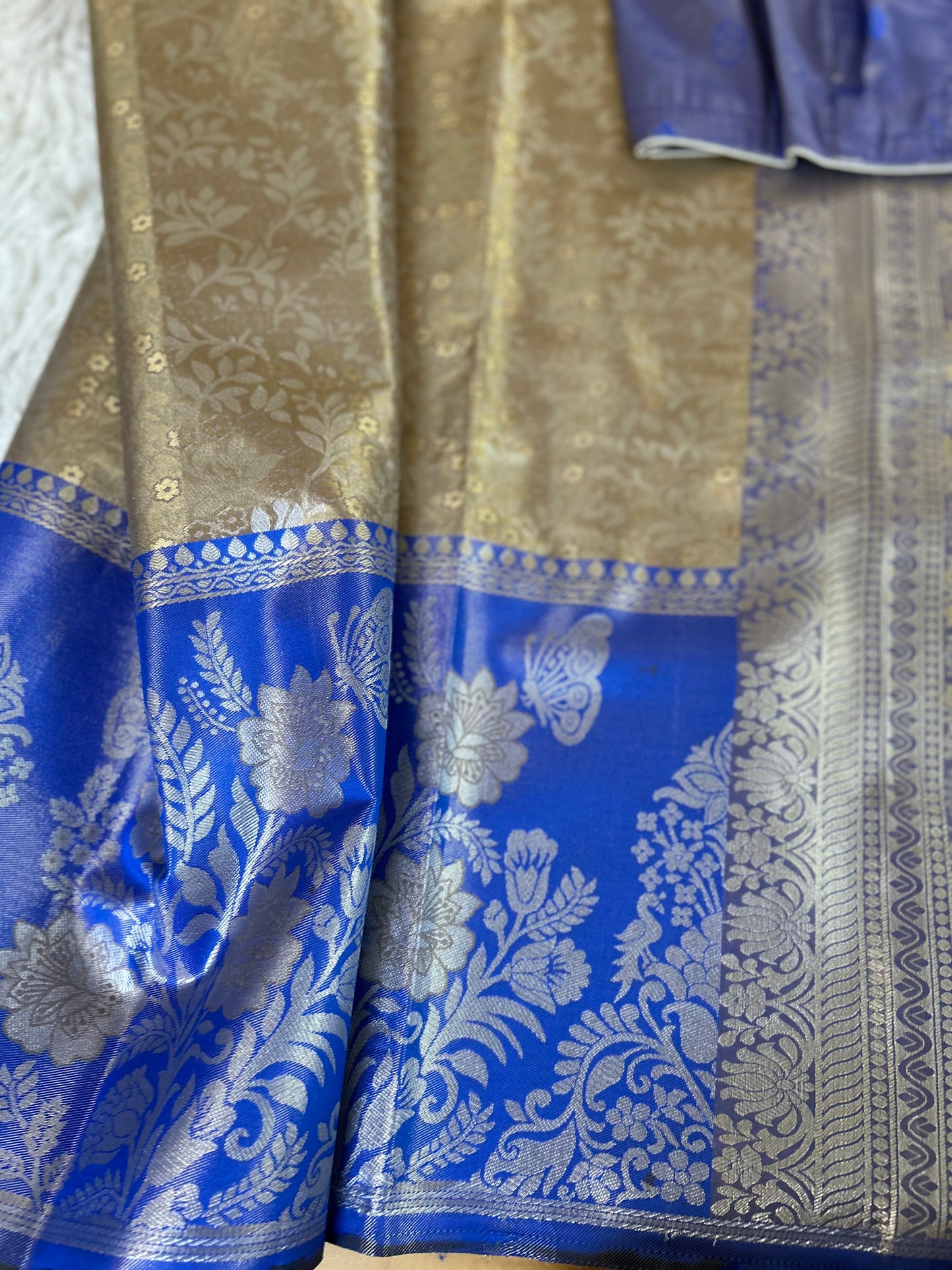 Designer Tissue Banarasi Saree in Gold with Royal Blue Border
