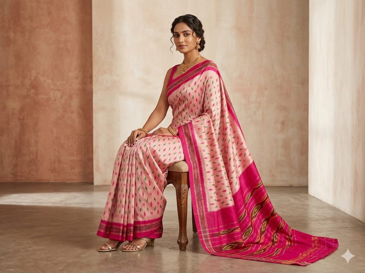 Ikkath saree in Onion color with Pink border