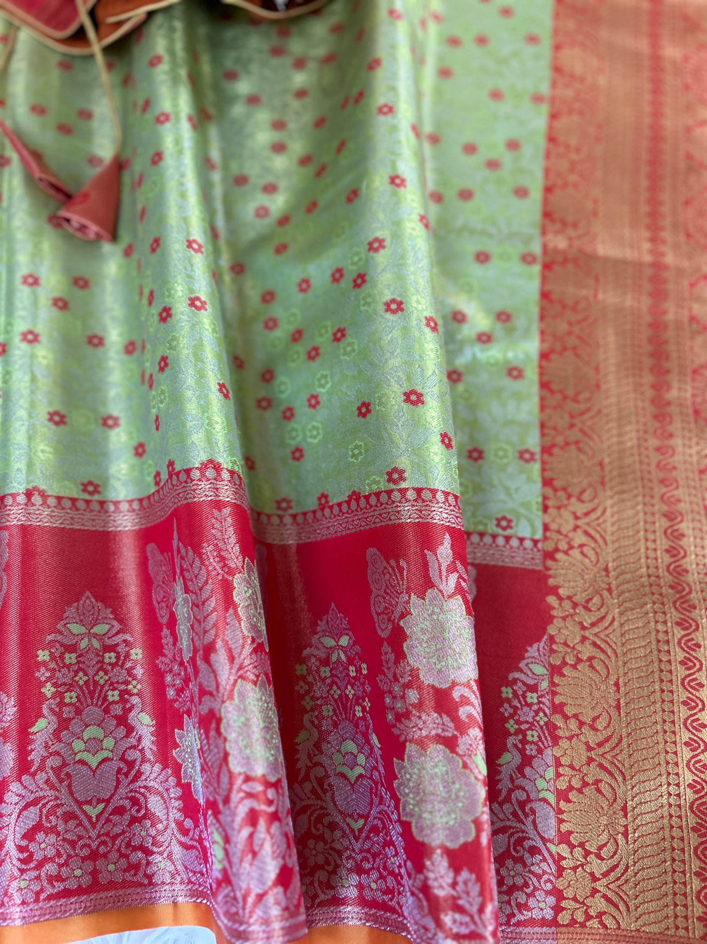Designer Tissue Banarasi Saree in Green with Orange Border