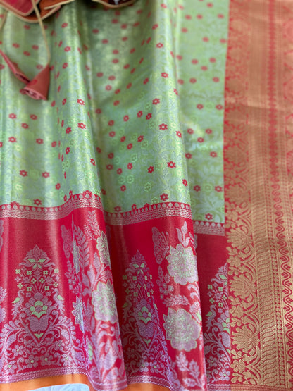 Designer Tissue Banarasi Saree in Green with Orange Border