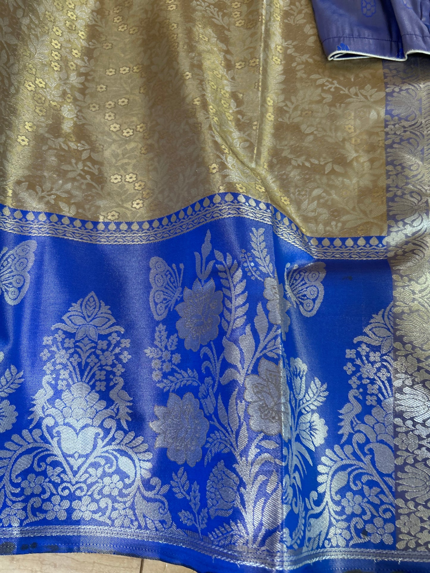 Designer Tissue Banarasi Saree in Gold with Royal Blue Border