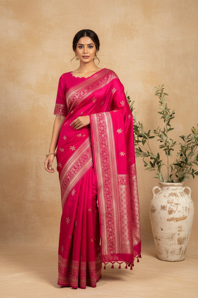 Rani Pink Banarasi Saree in Mashru Silk