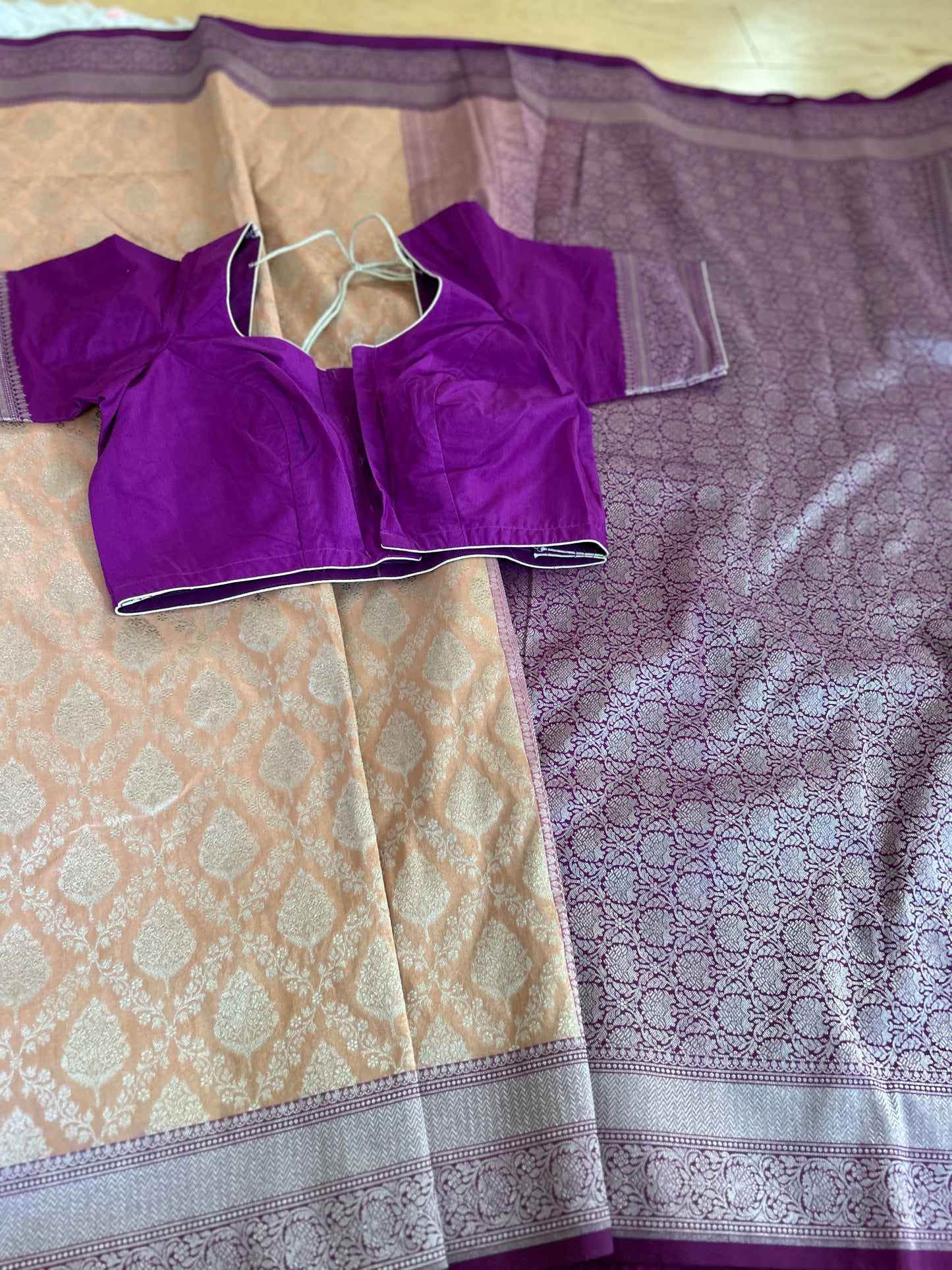 Soft Banarasi Saree in Peach with purple border