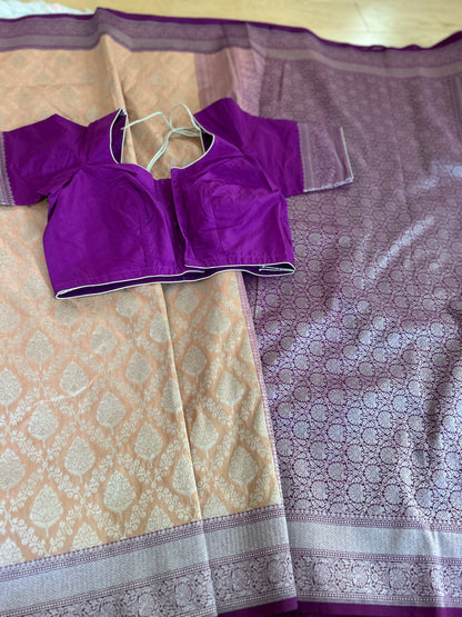 Soft Banarasi Saree in Peach with purple border