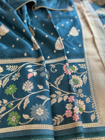 Peacock Blue Banarasi Saree in Moonga Silk