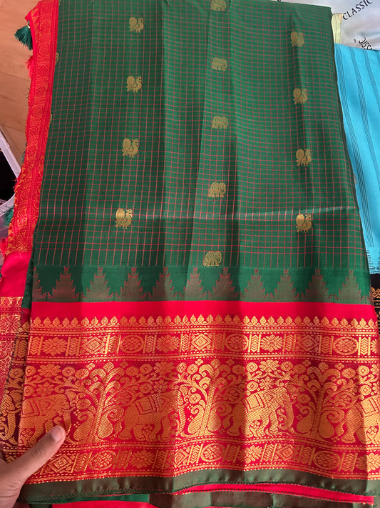 Green Checks Gadwal saree with Red border(Pure)
