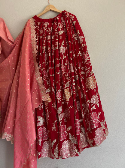 Red Flowy Lehanga