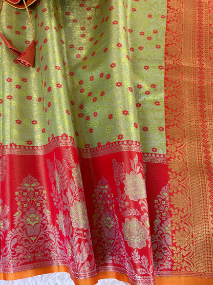 Designer Tissue Banarasi Saree in Green with Orange Border