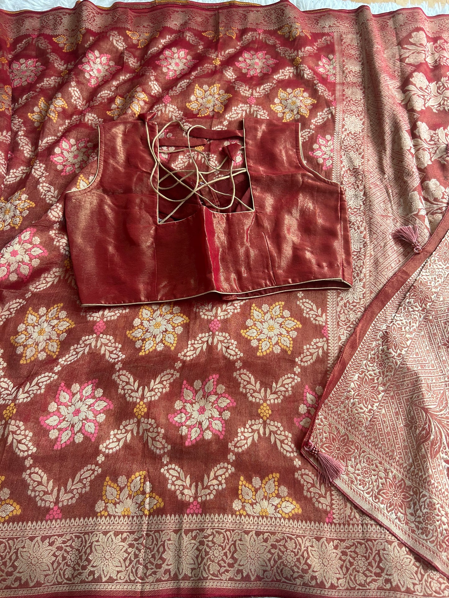 Khaddi Tissue Georgette Saree in Brick Red