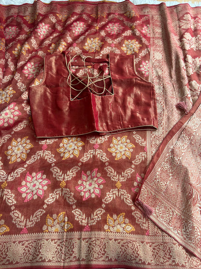 Khaddi Tissue Georgette Saree in Brick Red