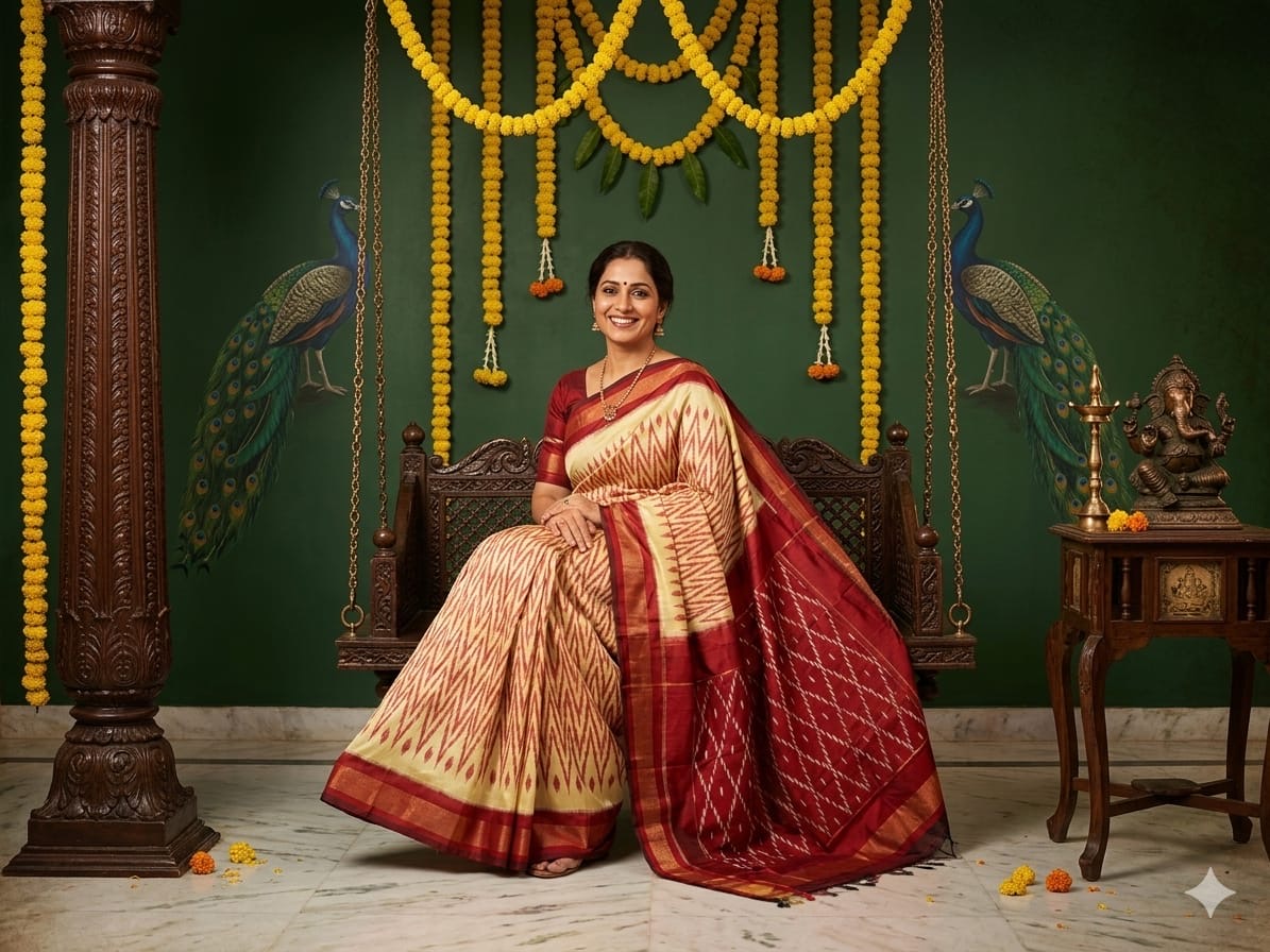 Creme color Pure Ikkath pochampally saree with Maroon Border