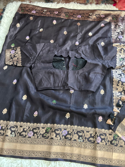 Black Tusser Georgette saree