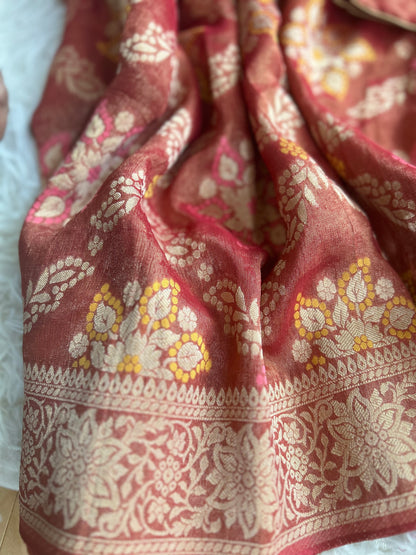 Khaddi Tissue Georgette Saree in Brick Red