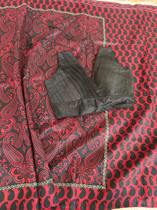 Marroon Tusser Saree with Black Digital Print
