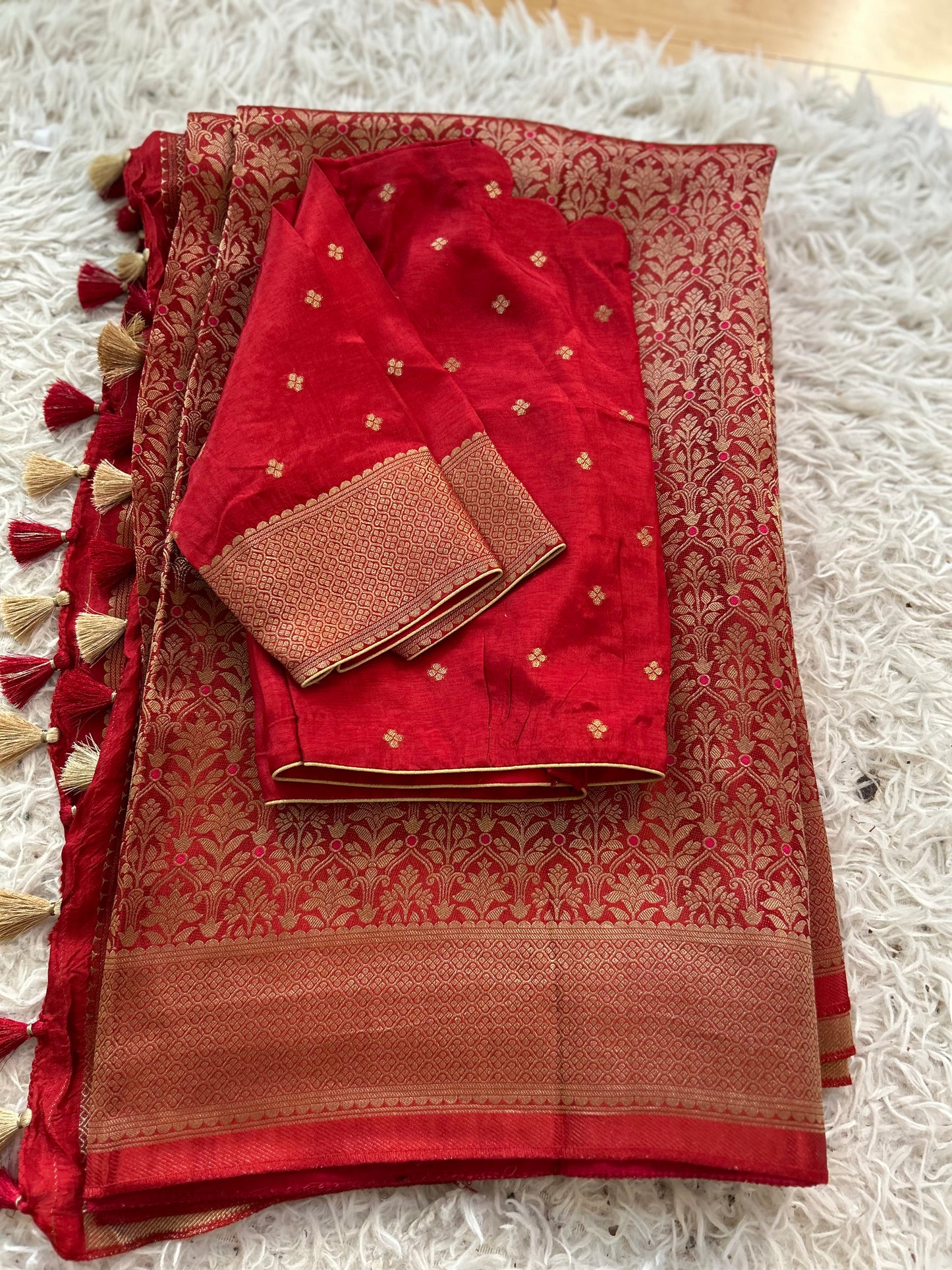 Pure Crepe Brocade Saree in Brick Red