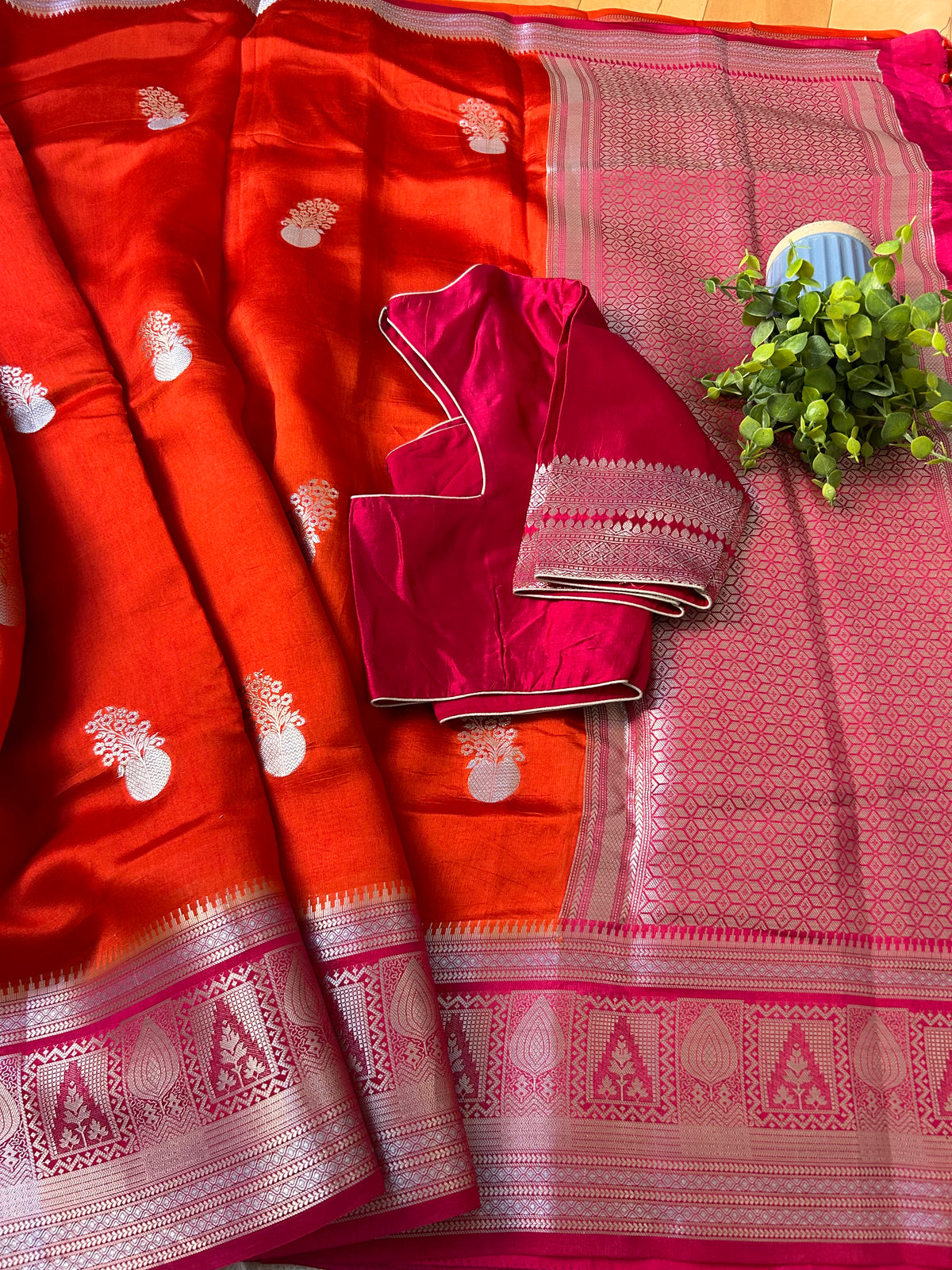Mango Silk Saree in Orange Color with Pink border