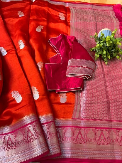 Mango Silk Saree in Orange Color with Pink border