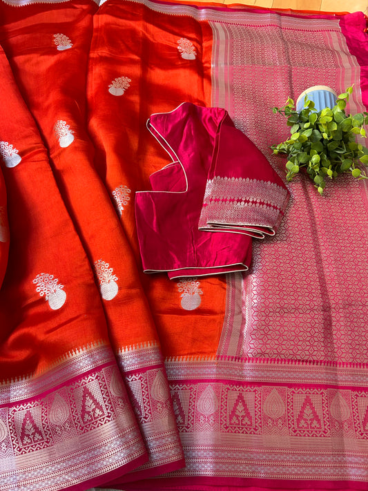 Mango Silk Saree in Orange Color with Pink border