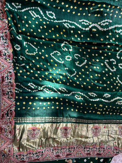 Dark Green Modal silk Bandhini saree with embroidered Border