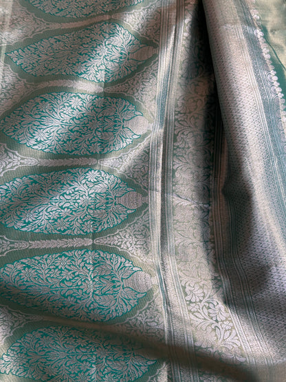 Designer Tissue Banarasi Saree in Silver with Seagreen Border