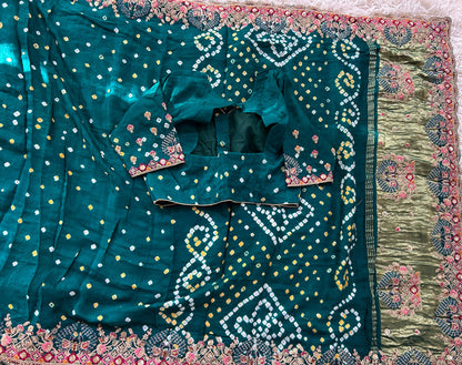 Peacock green Modal silk Bandhini Saree with Embroidered border