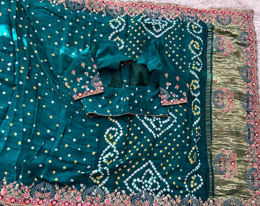 Peacock green Modal silk Bandhini Saree with Embroidered border