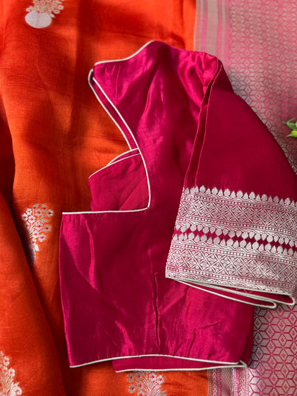 Mango Silk Saree in Orange Color with Pink border