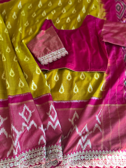 Pink ikkath Patola in Mustard Color