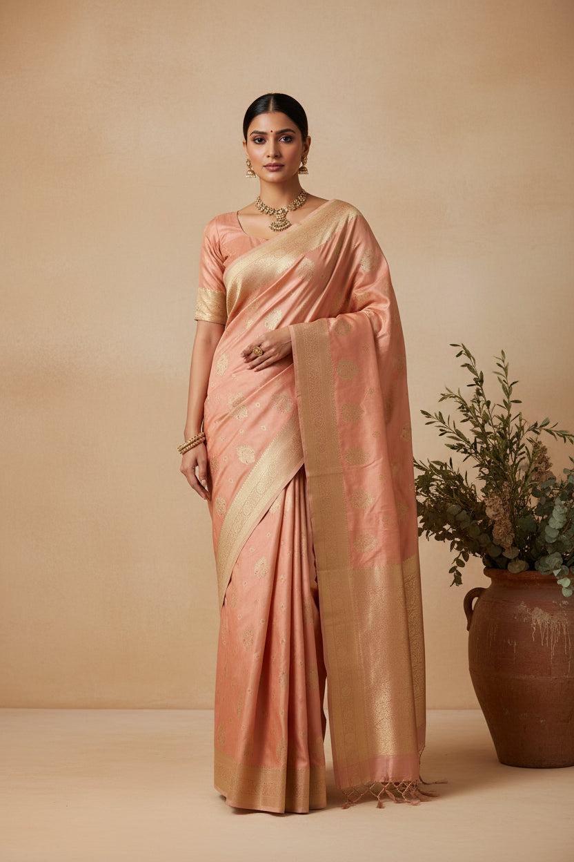 Peach color Banarasi Moonga Silk Saree