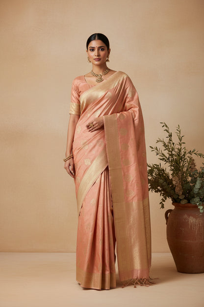 Peach color Banarasi Moonga Silk Saree