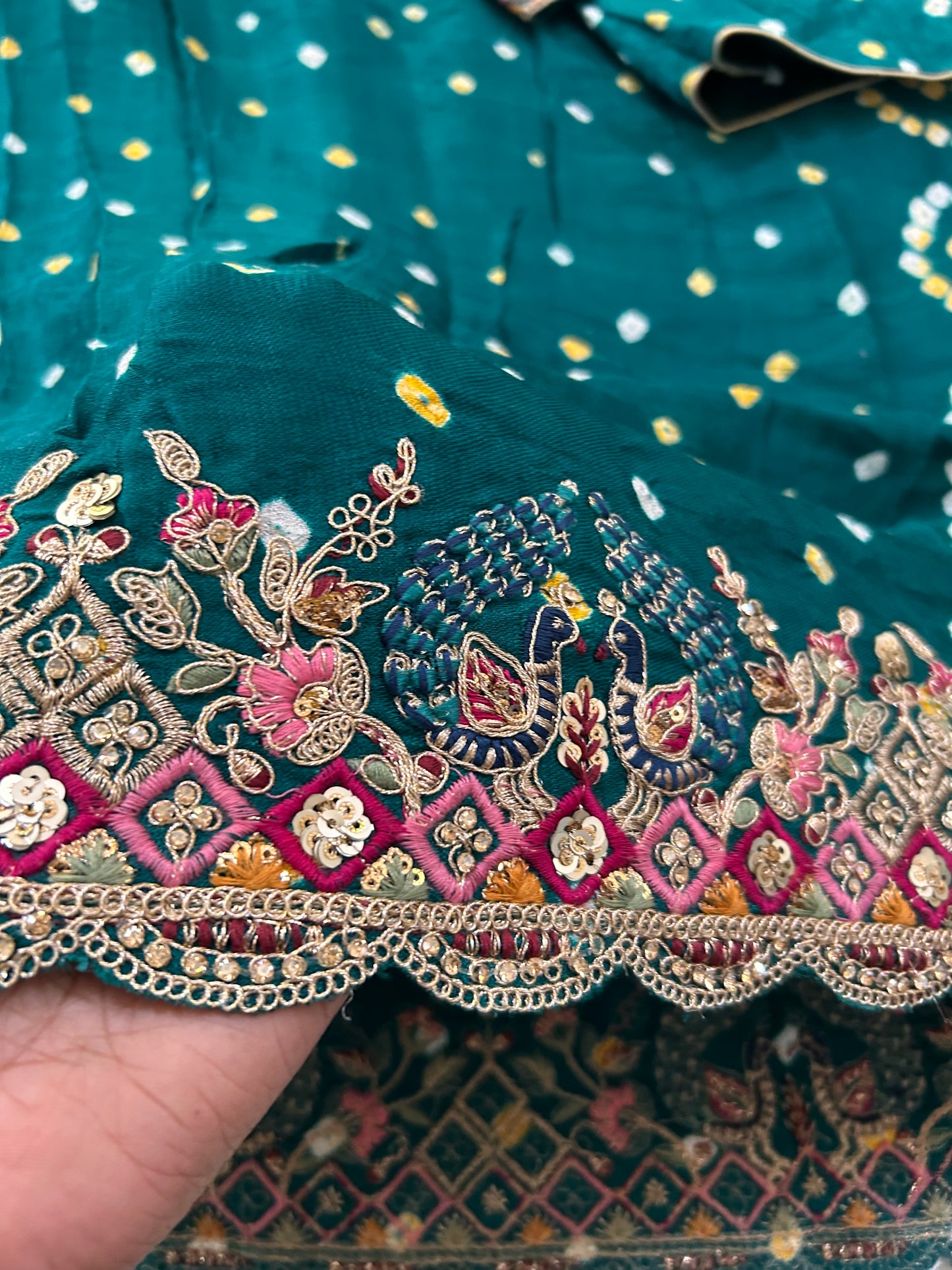Peacock green Modal silk Bandhini Saree with Embroidered border