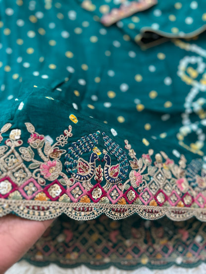 Peacock green Modal silk Bandhini Saree with Embroidered border