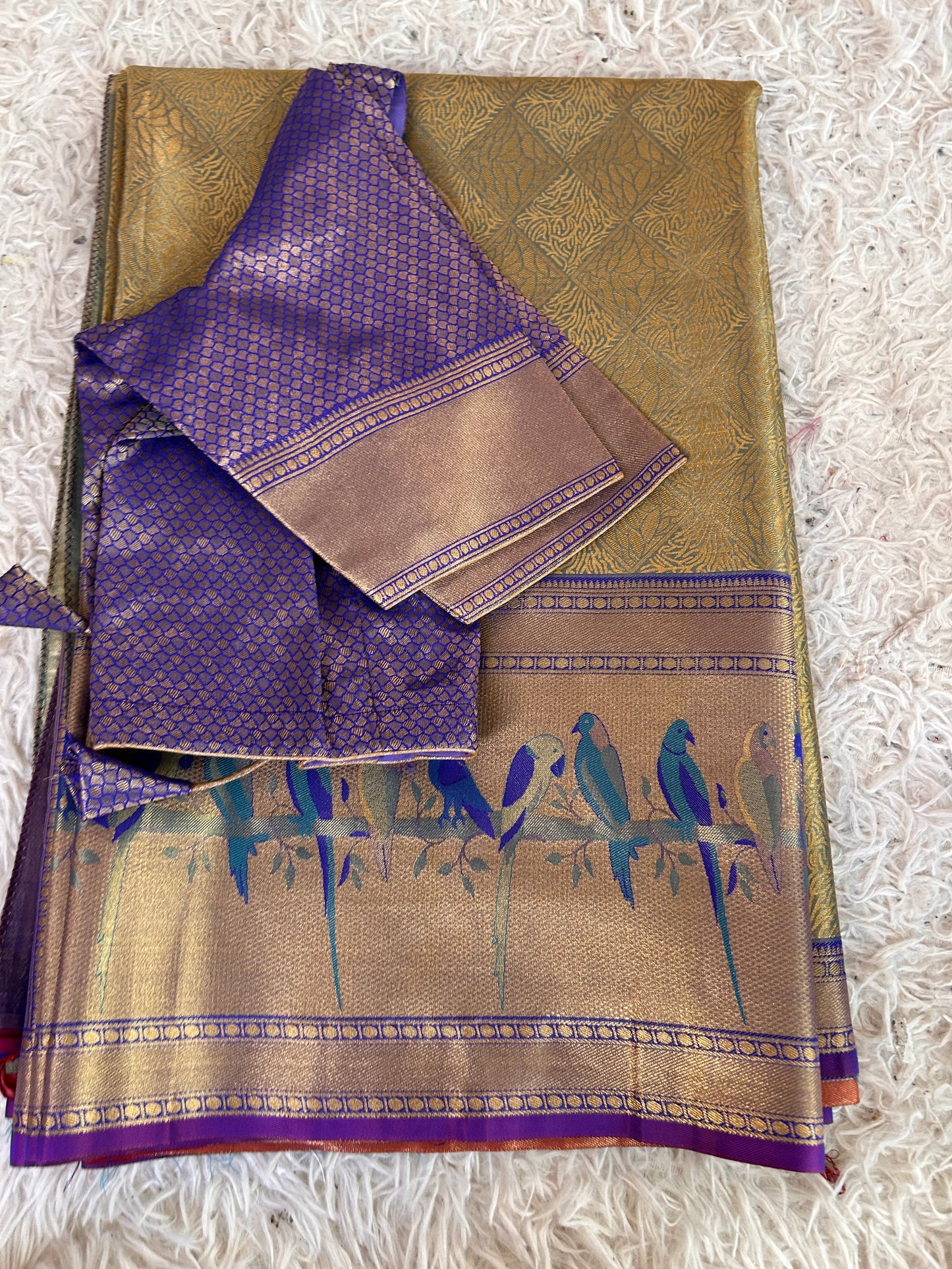 Designer Tissue Banarasi Saree in Green with Violet Border
