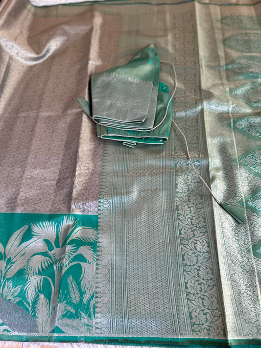 Designer Tissue Banarasi Saree in Silver with Seagreen Border