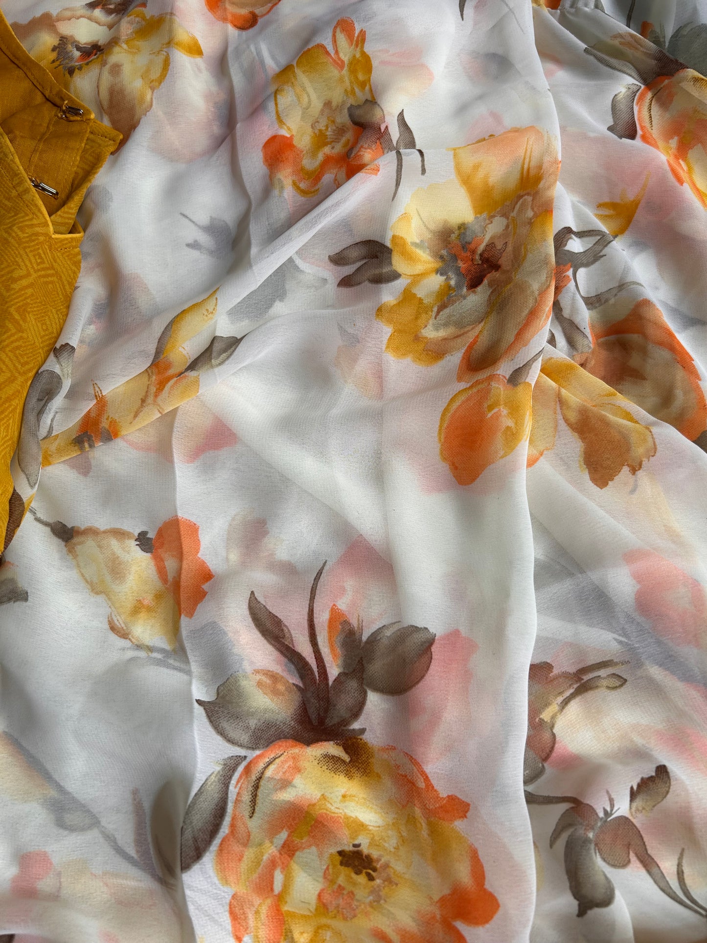 Creme color Floral saree with yellow floral print