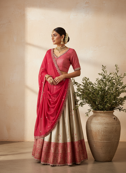 Banarasi Lehanga in Beige and Pink